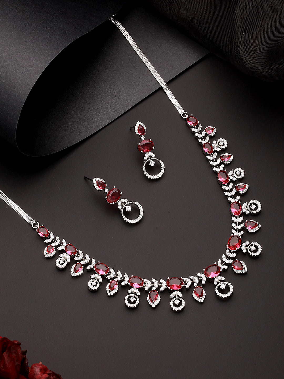 White Rhodium Red Ruby Studded Leaf Design Statement Jewellery Set